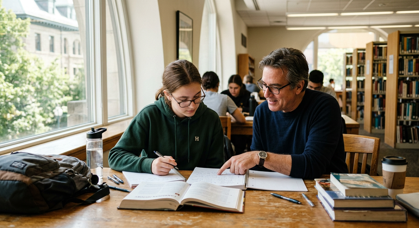 A mentor helping a student study at a library table